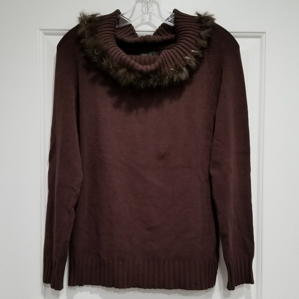 Escio Brown Sweater with Cowl Neck & Fur Trim